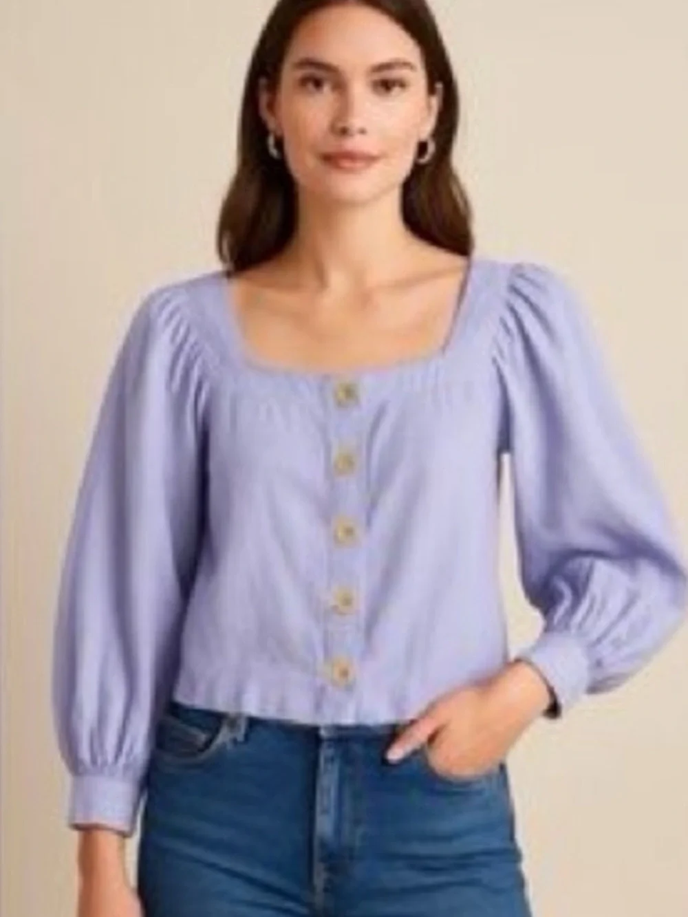 J. Crew Lavender 100% Linen Puff Sleeve Square Neck Button Front Top XXL